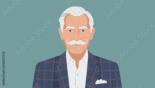 Portrait of a stylish elderly gentleman with white hair and a neat mustache wearing a smart plaid jacket.