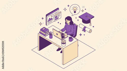 Isometric Illustration of a Woman Studying Online for Graduation with Laptop and Books