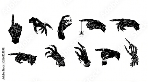 Vintage spooky Halloween pointing monster hand silhouette vector set