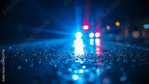 Dramatic night scene with blue and red emergency lights reflecting on wet asphalt, creating deep shadows.