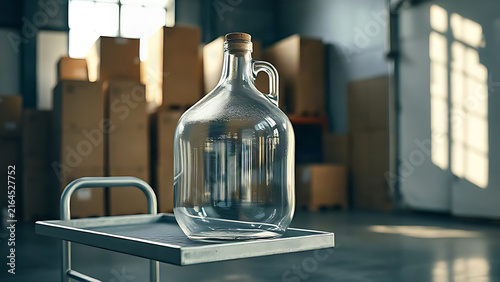 Large glass carboy with cork stopper on utility cart, delivery and distribution concept.