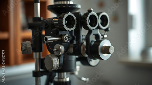 A classic phoropter on a stand with gleaming metal lens discs under cool room light.