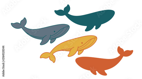Whale vector icons displaying simple marine mammal silhouettes, colorful hand drawn ocean creatures and clean wildlife shapes, concept for sea conservation and nautical design projects