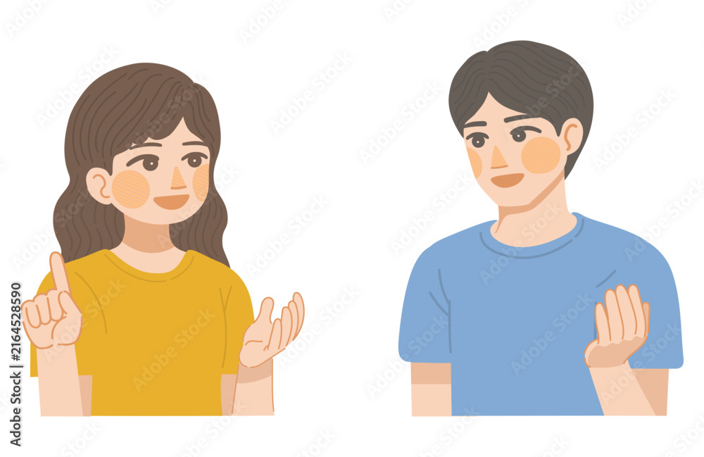 Fototapeta premium 笑顔で話し合いをする女性と男性のイラスト