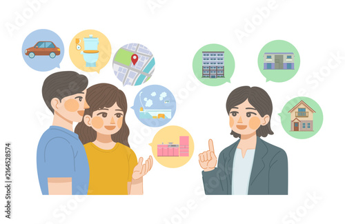 住みたい家の条件を伝える女性と男性の顧客と,物件を提案する不動産会社の女性スタッフのイラスト