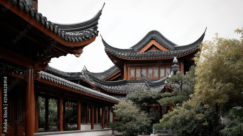 Obraz premium Traditional Asian Architecture with Elegant Rooflines and Gardens