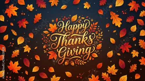 Happy thanksgiving greeting card with colorful autumn leaves on black background