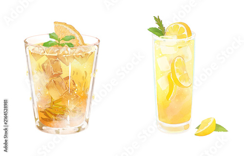 Two refreshing iced lemon drinks with mint leaves isolated on a white background
