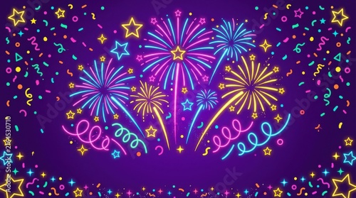 Colorful neon fireworks and confetti background for holiday celebration