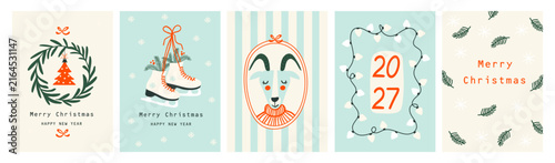 Set Christmas cards with Christmas tree, wreath, christmas elements. Vector illustrations
