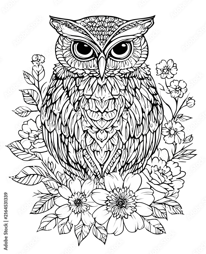 Fototapeta premium Owl On A Branch Coloring Page. Mandala animal art drawing