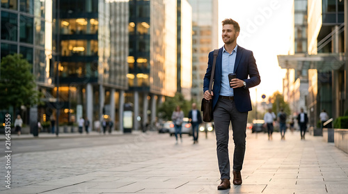 A confident young businessman walking down a city street during the sunset, holding a coffee cup and a briefcase