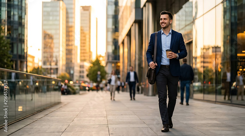 Confident Professional Businessman Walking in Modern Financial District with Coffee during Morning Commute