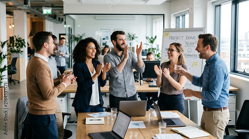 A diverse professional team of colleagues applauding and celebrating a successful project completion in a modern office workplace setting