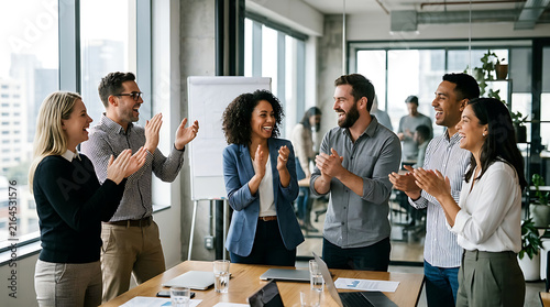 Diverse corporate colleagues applauding in modern office workspace celebrating success