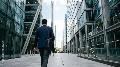 Faceless business professional walking through a modern urban financial district with glass architecture
