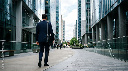 Professional businessman in a suit walking through a modern urban financial district with skyscrapers in the background