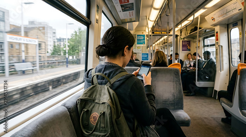 A young woman with a backpack traveling on a suburban commuter train while reading on her digital tablet during a daytime journey