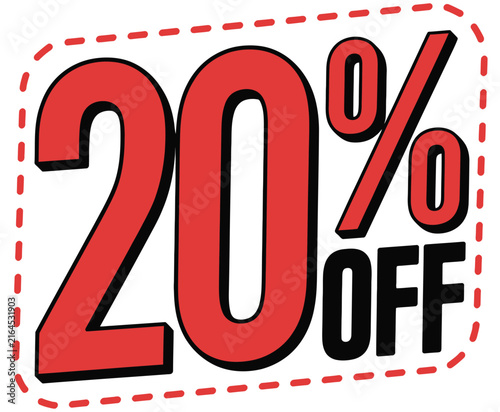 Foto Red 20% off discount sign with dotted black border for promotional sales, retail