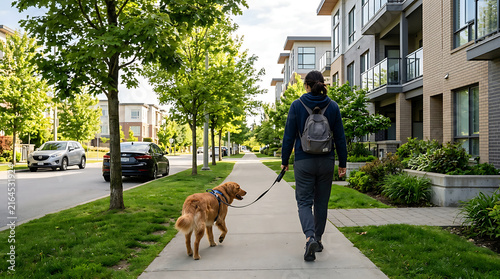 Young man walking his golden retriever dog along a residential sidewalk in a modern neighborhood