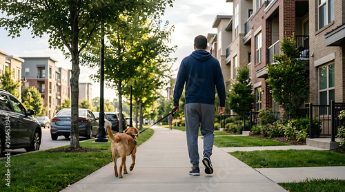 Faceless Man Walking Golden Retriever Dog on Sidewalk in Modern Residential Neighborhood