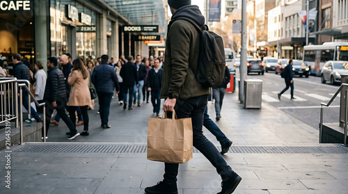 A faceless man holding a paper bag walking through a crowded city street surrounded by people
