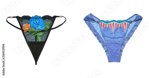Quadro su tela PNG Set of Stylish Women's Blue and Black Bikini Briefs with Floral Pattern and Delicate Lace Details for Fashion Swimwear Isolated PNG Transparent Background