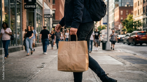A Person Carrying a Paper Shopping Bag While Walking Down a Bustling City Sidewalk in the Afternoon Sunlight