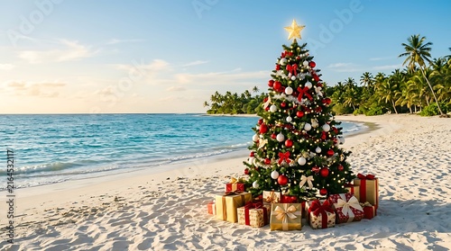 A beautifully decorated christmas tree standing on a tropical sandy beach with wrapped gifts underneath, set against a serene ocean and palm tree background