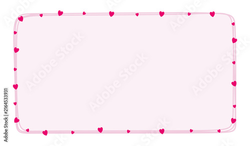 Hand-drawn horizontal frame with heart shapes forming rectangular border. Pink decorative card edge, romantic and playful style for love theme design, valentine day. Vector illustration isolated