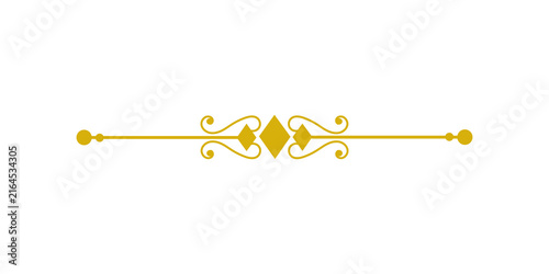 Golden decorative divider with ornate flourishes and diamond shapes isolated on transparent background