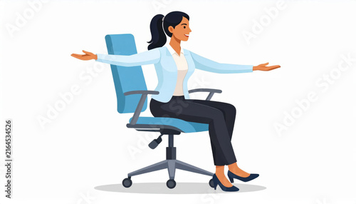 Office chair exercise, seated stretch, happy woman, ergonomic chair, office wellness