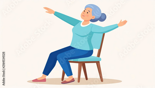 Senior woman sitting on chair with arms outstretched, smiling