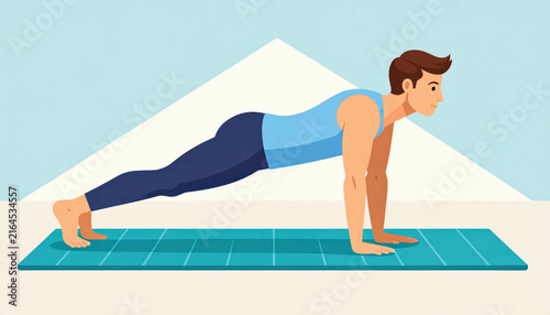 Plank exercise on yoga mat, male fitness pose