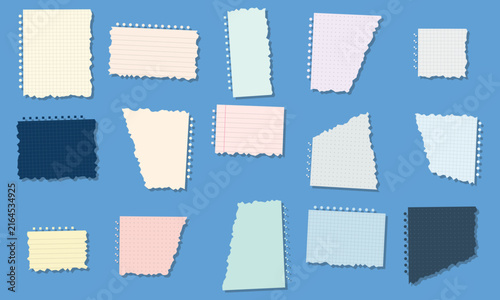Torn Notebook Paper Set, Ripped Lined Grid and Dotted Sticky Note Pieces on Blue Background