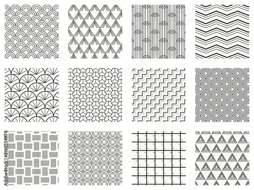 Art Deco Seamless Pattern Set, Minimalist Geometric Line Backgrounds with Scallop Chevron and Diamond Motifs