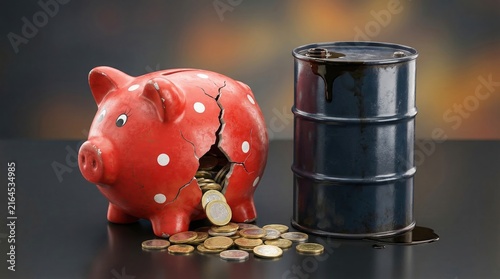 Cracked piggy bank leaking coins beside a crude oil barrel, symbolizing household financial strain caused by rising oil prices