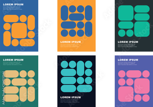 Modern Geometric Poster Template Set, Rounded Shape Grid Layout Design with Colorful Bold Background