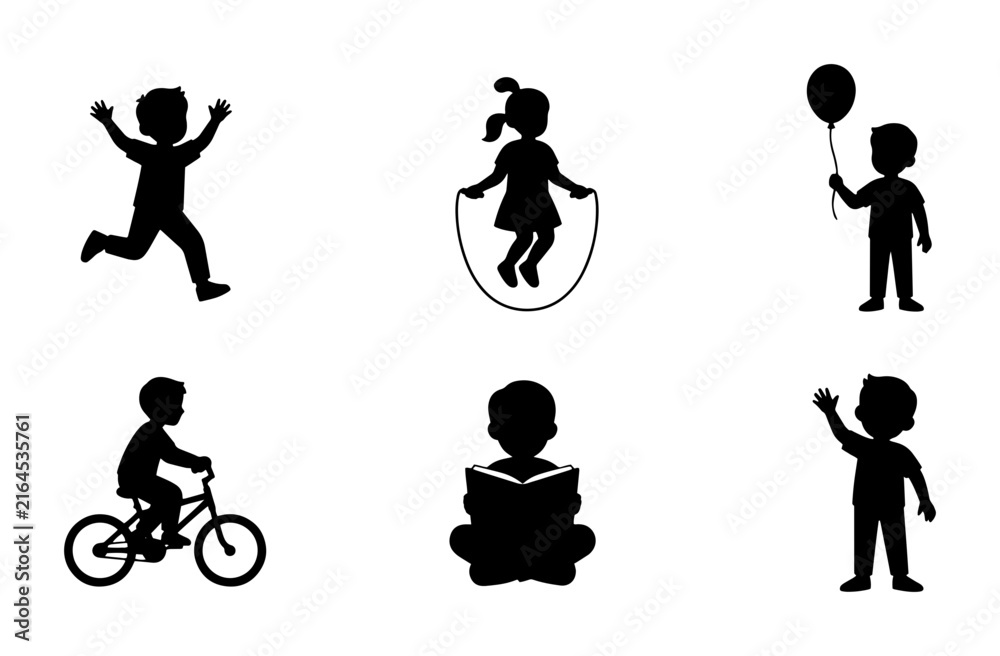 Obraz premium 70 Children Silhouettes Set: Active Play, Reading, Cycling, Balloon Fun, Vector Icons for Childhood Activities and Recreation 100
