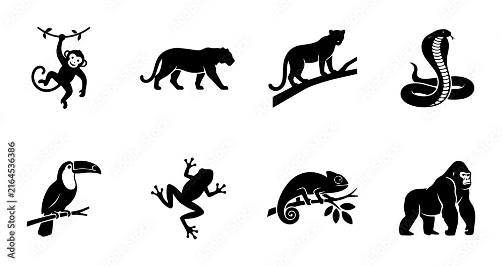 Fototapeta premium 70 Jungle Wildlife Silhouette Icons: Monkey, Panther, Cobra, Toucan, Frog, Chameleon, Gorilla, Vector Set 100
