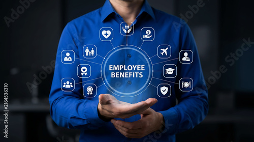 Businessman presenting virtual employee benefits diagram and perks icons in office