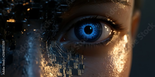 A close-up of an AI-generated human face with digital circuitry patterns, a single blue eye, and a metallic texture. The background is dark grey, creating a contrast 