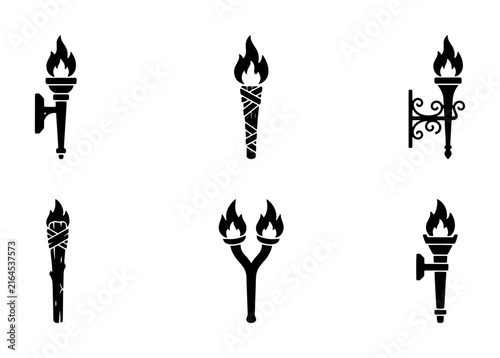 70 Set of 6 Black Torch Icons, Ancient Firelight Symbols, Historical Lighting Elements, Classic Flame Graphics for Design 100