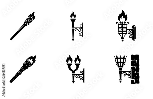 70 Vector Icons Set: Medieval Torches, Wall Sconces, and Firelight Symbols for Historical and Fantasy Designs 100