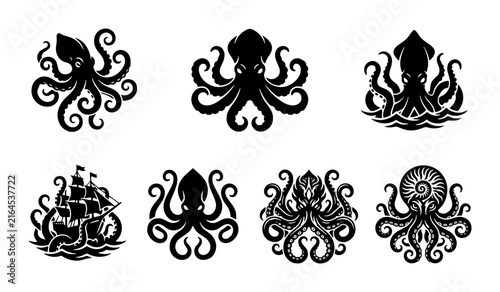 70 Set of 7 Black Kraken and Octopus Vector Icons, Nautical Ship Illustration, Marine Life Silhouettes for Seafood Branding and Ocean Themes 100