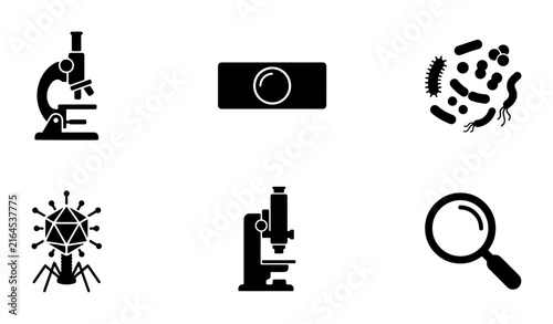 70 Microscope and Bacteria Icons, Science Research Vector Set: Magnifying Glass, Virus, Laboratory Equipment for Medical and Biological Study 100