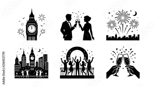 70 New Year's Eve Celebration Icons: Big Ben, Fireworks, Toasting Couples, Party Crowd Silhouettes, Vector Set 100