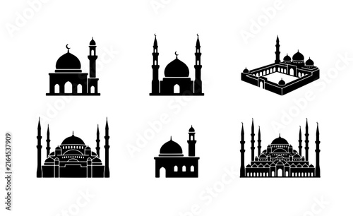 70 Islamic Mosque Silhouettes, Set of 6 Vector Icons for Religious Architecture and Culture, Black and White Building Symbols 100