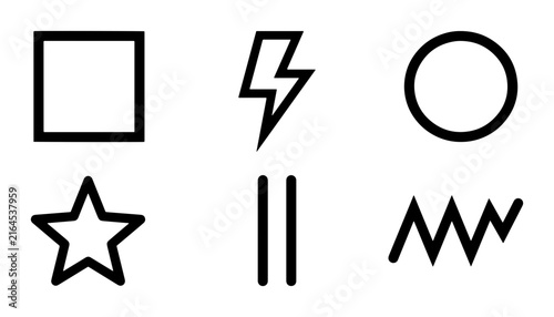 70 Minimalist Icon Set: Geometric Shapes, Star, Lightning Bolt, Pause Symbol, and Abstract Wave Forms in Black and White Vector Graphics for Design Projects 100