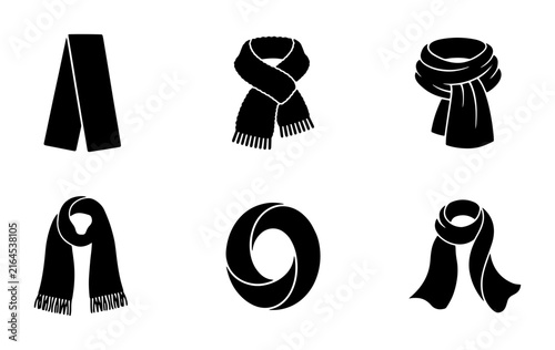 70 Black Scarf Icons Set, Winter Accessory Vector Graphics, Fashion Neckwear Collection, Apparel Elements 100